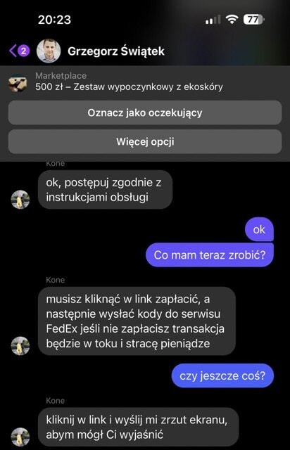 Screenshot przedstawiający próbę wyłudzenia pieniędzy na Marketplace.