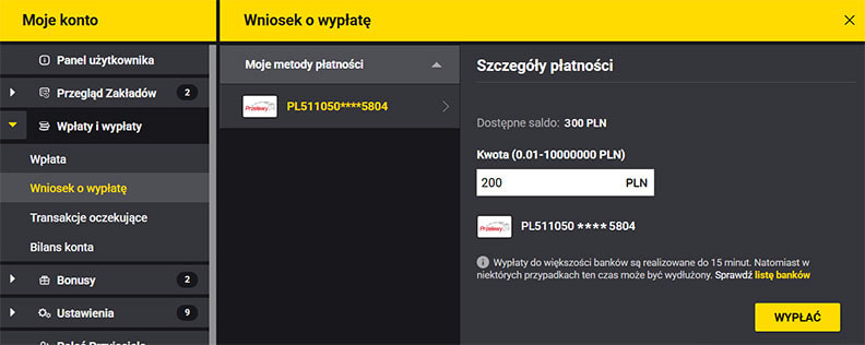 Wypłata środków z konta gracza u bukmachera Fortuna.