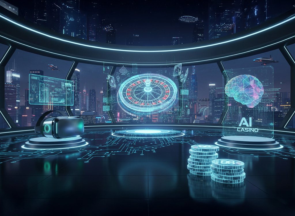 Futuristické AI kasino s holografickou ruletou, VR headsetem a digitálními žetony.